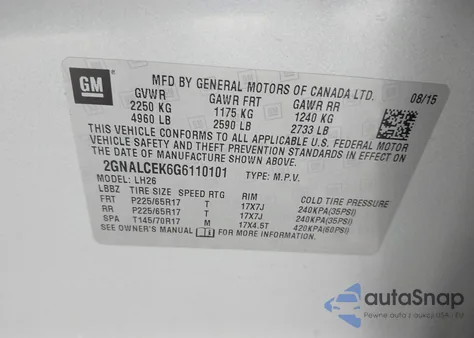 2016 Chevrolet Equinox Lt from USA, damaged, VIN 2GNALCEK6G6110101